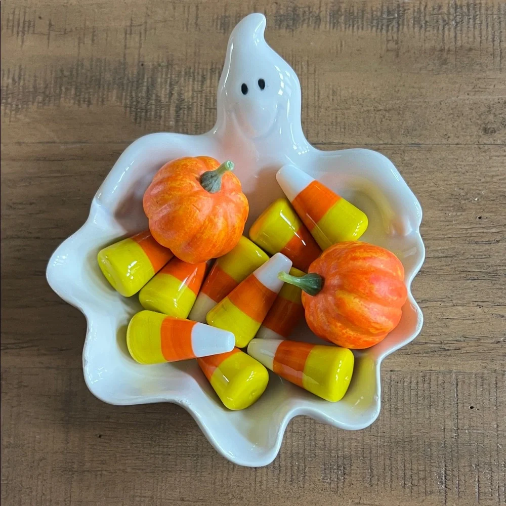 Ceramic Ghost Candy Dish w/Ceramic Candy Corn & Styrofoam Pumpkins